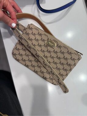 Michael Kors Tan Logo Wristlet with Brown MK Print